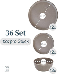 Service de table en grès pour 12 personnes, 36 pièces, style urbain, haute qualité, TRÈS BON TEST, service de table en grès - service de bols et d'assiettes - service de table pour 12 personnes, services de table Pure Living en gris-marron mat