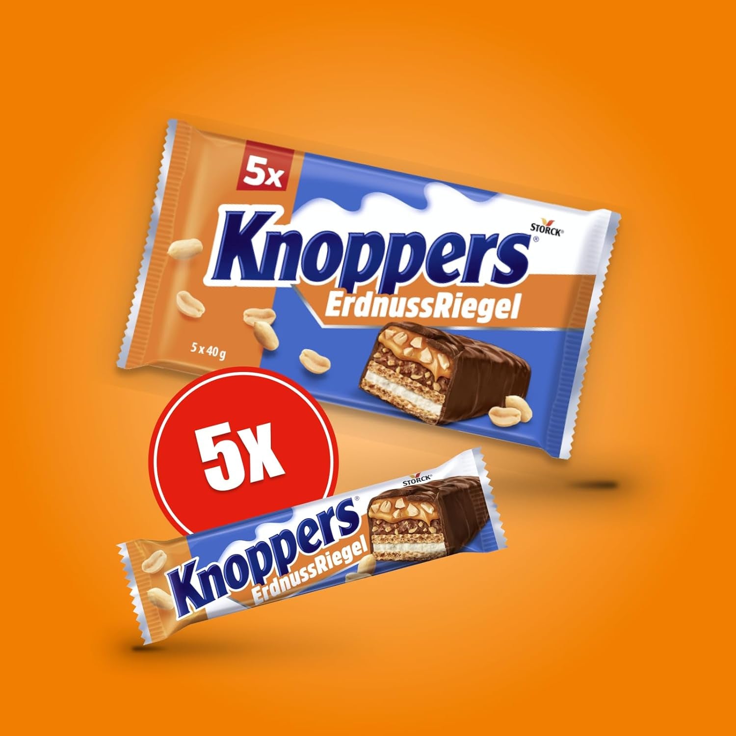 Knoppers Peanut Bar – 1 x 200g (5 barres) – Barre de chocolat au lait avec crème de cacahuète, cacahuètes salées hachées, caramel et chocolat au lait