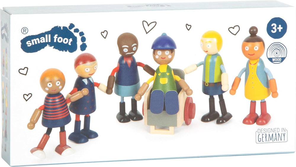 small foot Biegepuppen-Familie Diversität, 6 Puppen aus Holz unterschiedchenlichen Alters, Geschlechts und Hautfarbe, 12396