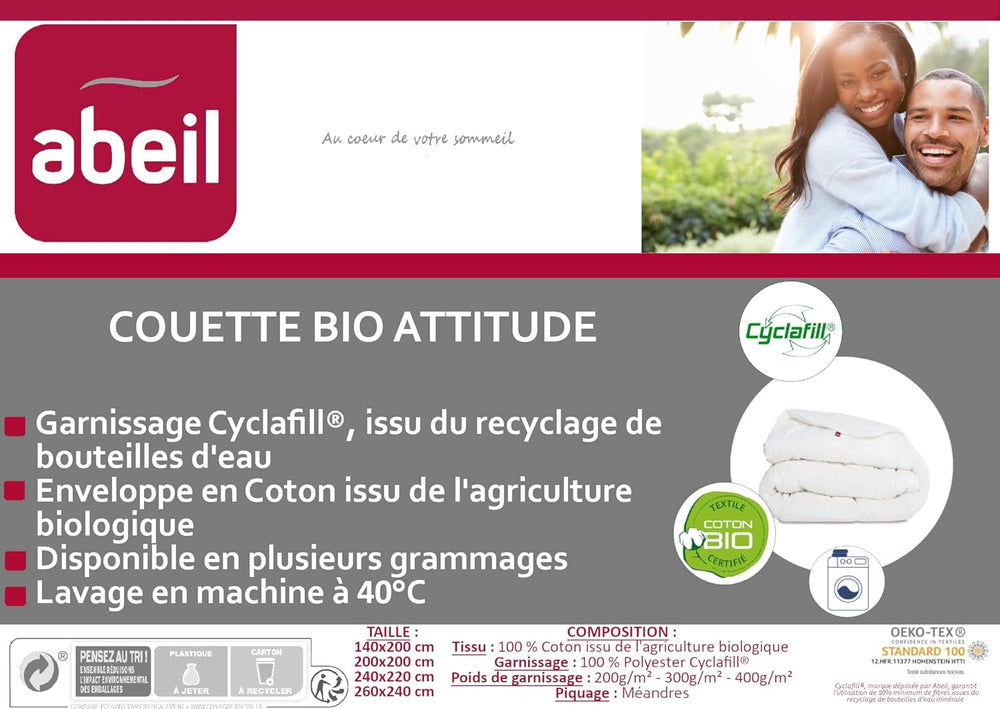 Couette Abeil Bio' Attitude, Légère, Housse en coton Bio, Garnissage : Polyester Cyclafill® 200 G/M², Lavable en machine, Certifié Oeko-Tex, 200 X 200 Cm Couettes et couettes Naty Shop