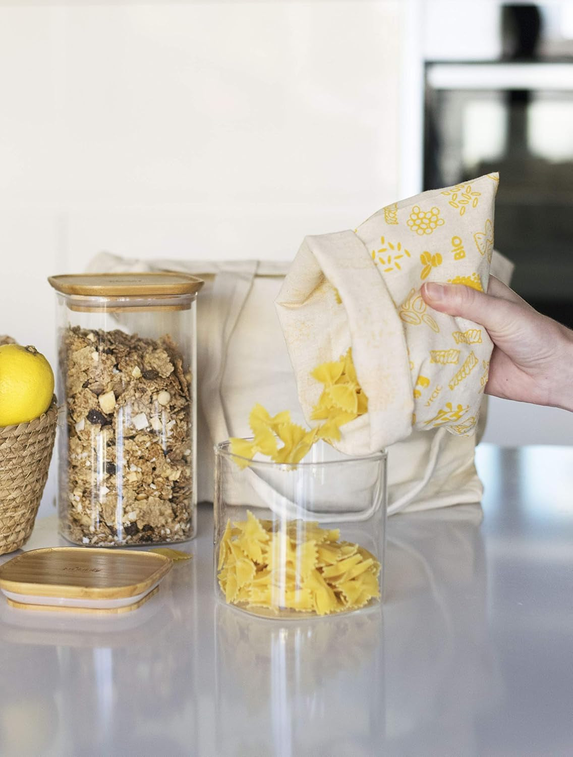 Lot de 3 récipients carrés en verre avec couvercle en bambou - 800 ml, verre borosilicate, bambou, silicone, naturel, 11 x 11 x 11 cm Boîtes de conservation alimentaire Naty Shop