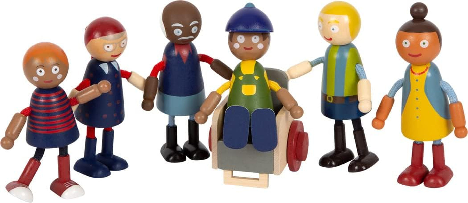 small foot Biegepuppen-Familie Diversität, 6 Puppen aus Holz unterschiedchenlichen Alters, Geschlechts und Hautfarbe, 12396