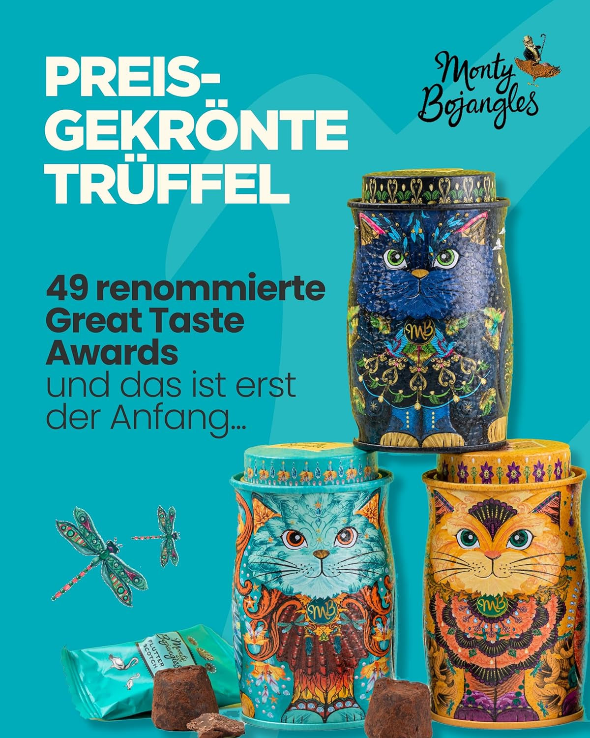 Monty Bojangles Savanna Gold Truffes au chocolat (135 g) Coffret cadeau praliné en poudre de cacao dans une boîte collector individuelle au design de chat Flutter Scotch Flavor