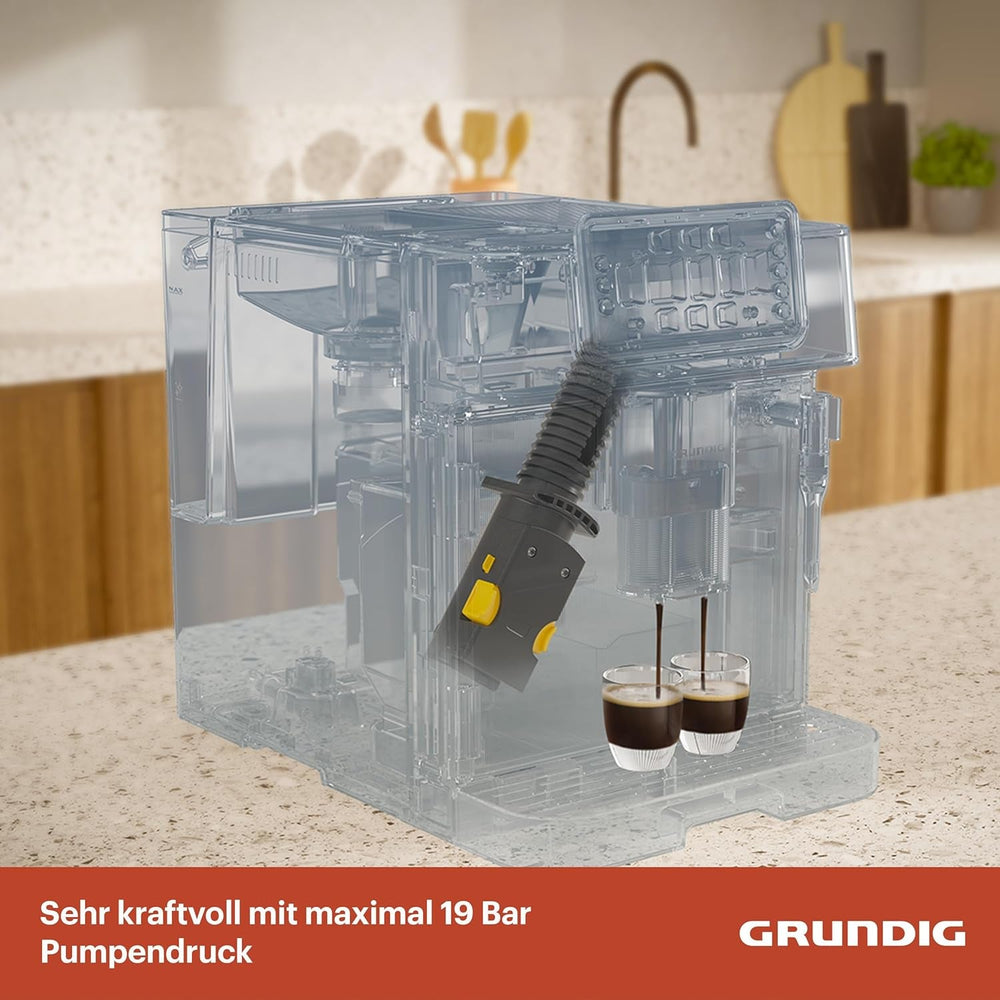 Machine à expresso entièrement automatique GRUNDIG KVA 6230 avec mousseur à lait, moulin en acier inoxydable avec 13 niveaux de mouture, réservoir à grains 250 g, réservoir d'eau amovible 2 litres, pression de pompe 19 bar, écran tactile, noir