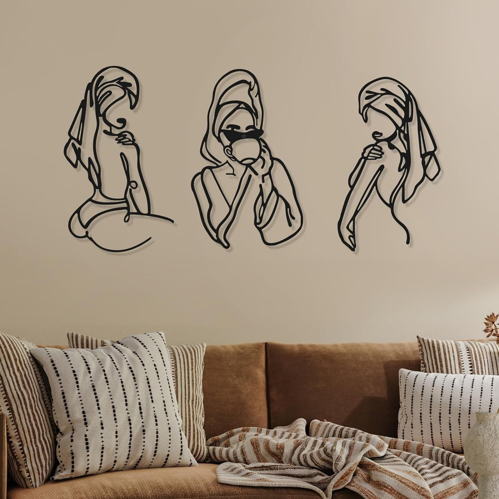 3 bucăți Metal Minimalist Woman Wall Art Deco Modern Metal Abstract Woman Wall Art Female Single Line Line Drawings to Hang for Living Room (negru, modern) Statuete si sculpturi Naty Shop Negru 35L X 25B Cm