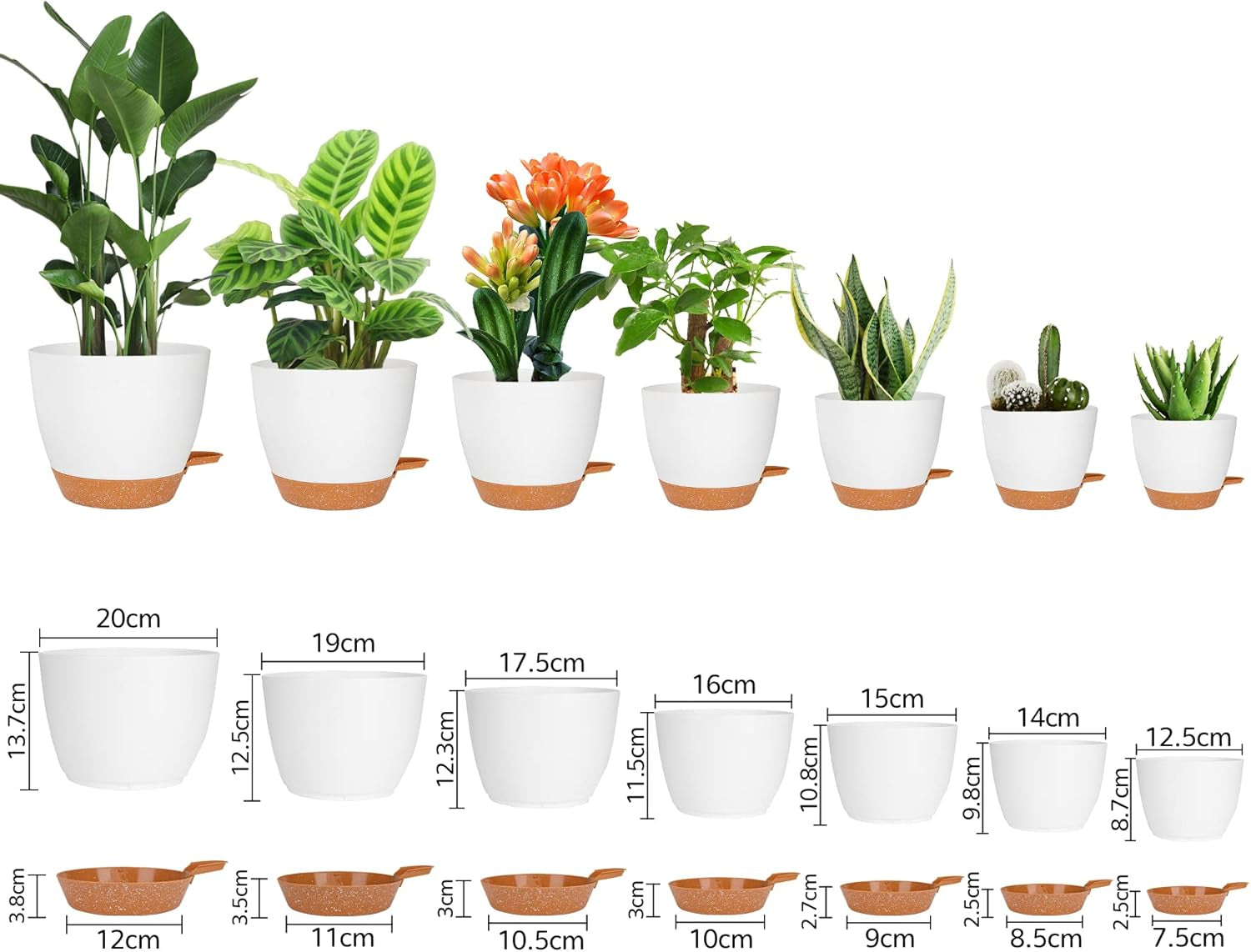 CSYY Pots de Fleurs Ensemble de 7 Pots de Fleurs en Plastique avec système d'arrosage 20,3/19/17,7/16,5/15,2/14/12,7 cm Pots à arrosage Automatique et Soucoupe intérieur extérieur