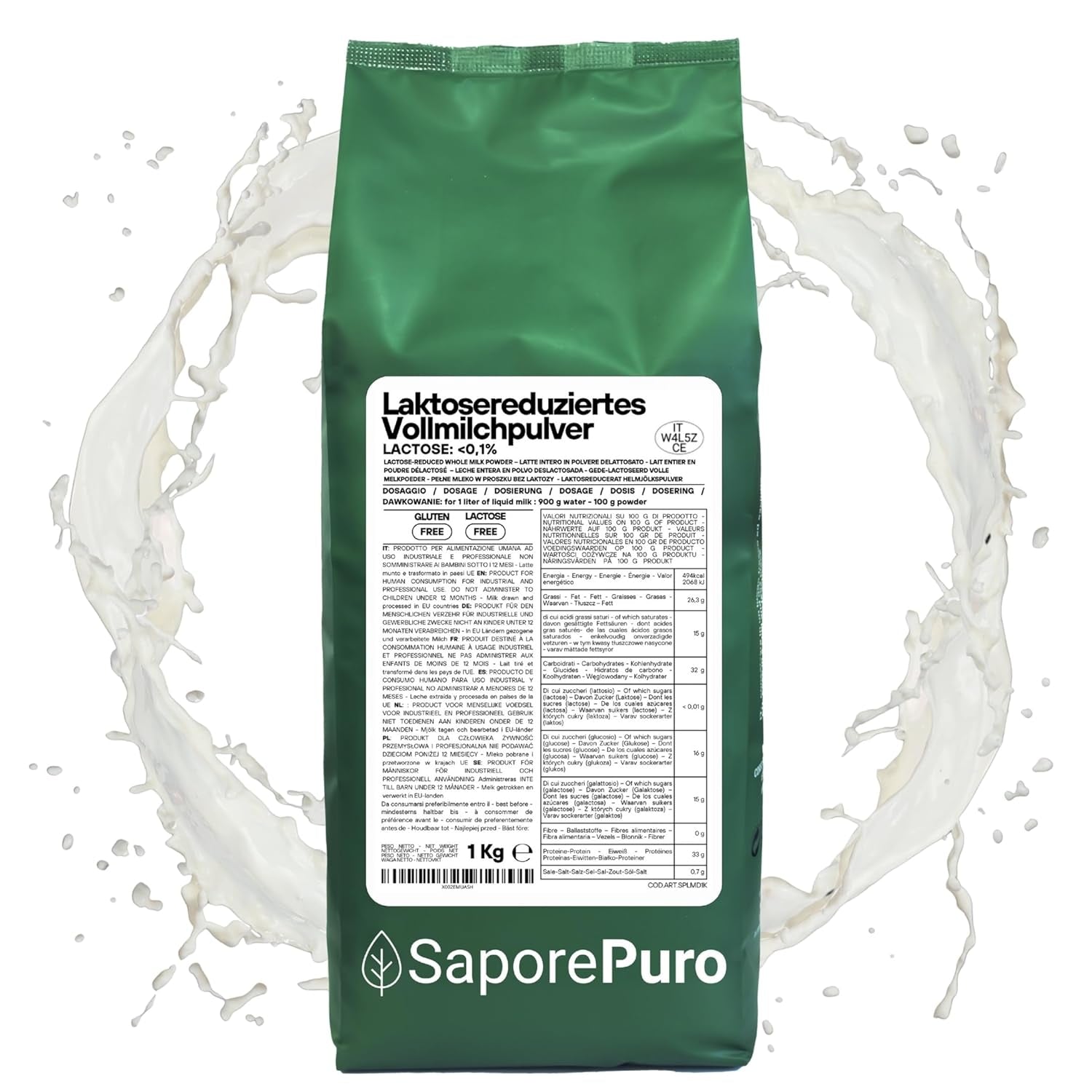 Laktosefreies Vollmilchpulver 1 kg | Haute Löslichkeit | Idéal pour les pâtisseries, le pain et les aliments Usage professionnel et industriel Sans lactose Sans gluten