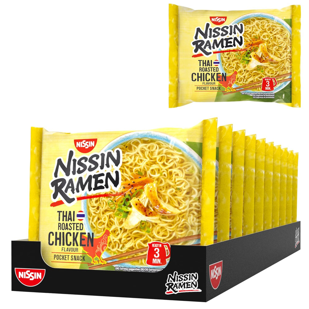 Nissin Ramen – Poulet au four thaïlandais, paquet de 10 nouilles instantanées de style asiatique, recette thaïlandaise, cuisine asiatique rapide et facile (10 x 65 g)