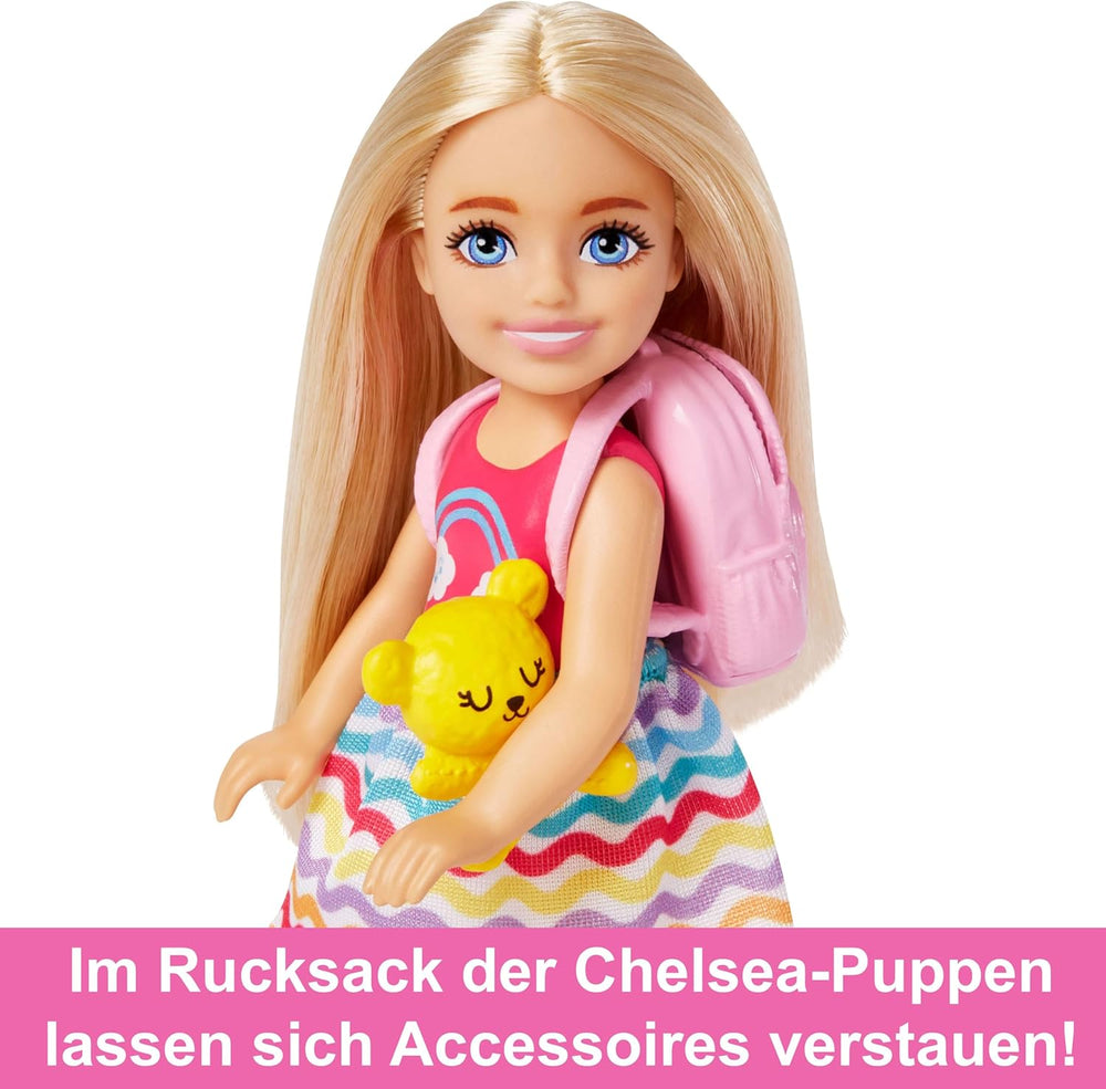 Barbie-Spielzeug, Chelsea-Puppe und Accessoires, Reiseset mit Hündchen und 6 Teilen, einschließlich Hundetragekorb, HJY17