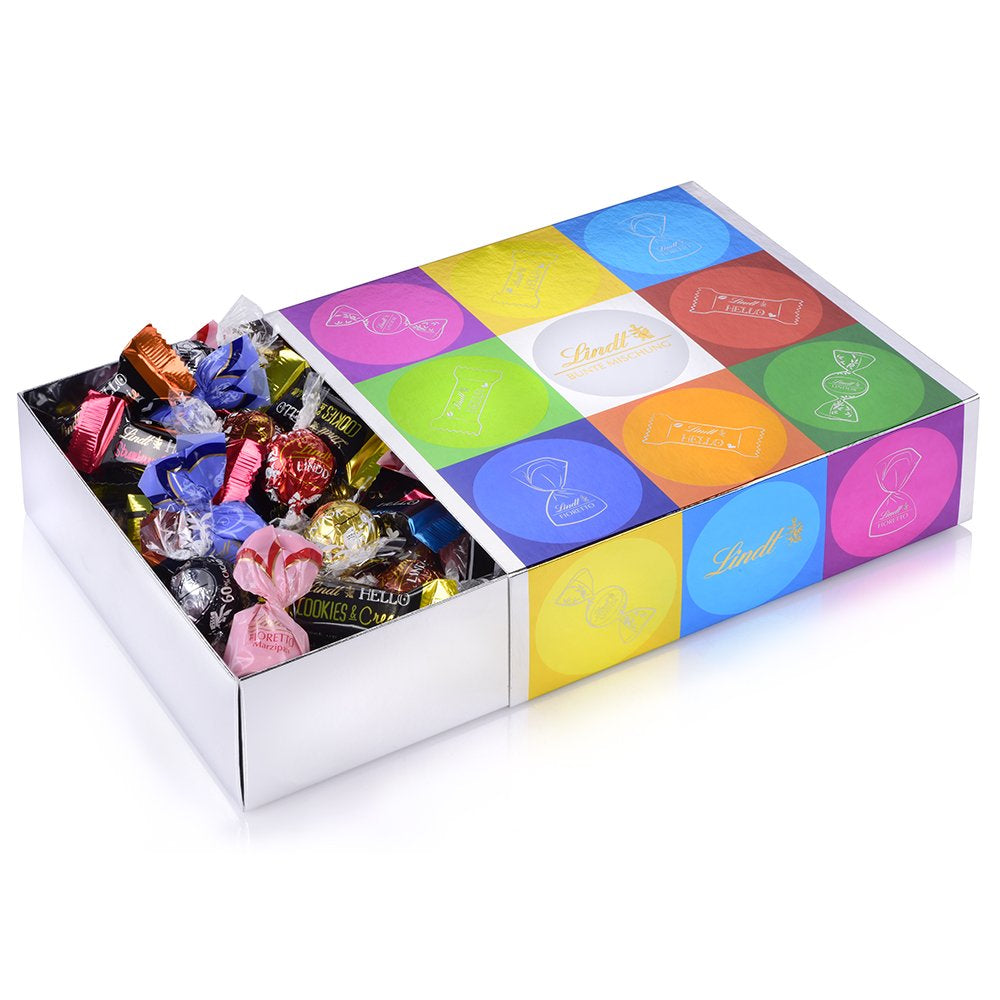 Assortiment de chocolat (37 boules LINDOR, 24 bâtonnets Hello Mini, 10 Mini Fioretto), cadeau chocolat (1 x 815 g) et HELLO Mini Emoti, chocolat au lait en 5 motifs d'émoticônes, 164 g