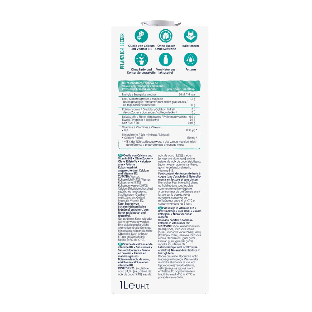 Alpro Kokosnussdrink ohne Zucker – Ohne Süßstoffe – Vegan et sans lait – Von Natur aus lactosefrei et fettarm – Riche en calcium et vitamines – 8 x 1 L