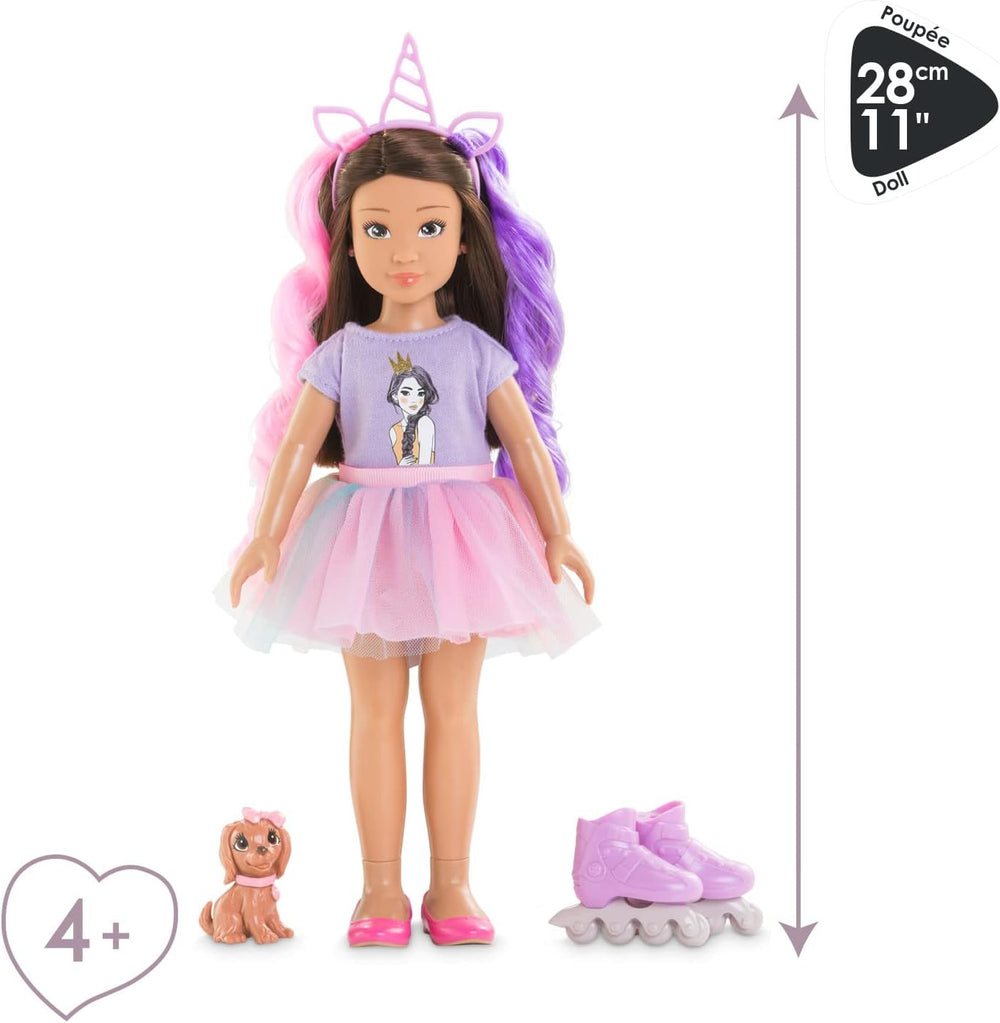 Corolle 9000600030 - Girls Luna Einhorn Set, Ankleidepuppe im Sommeroutfit mit Hund, mit Haarband, Ohrringe et extra Gummistiefel, 28cm Spielpuppe mit Vanilleduft, à partir de 4 ans