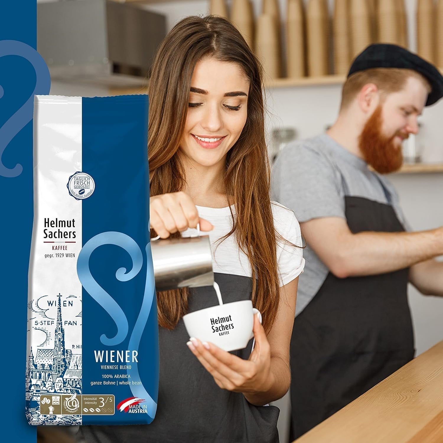 Helmut Sachers Kaffee - Mélange viennois, force 3/5, 100 % Arabica, grains de café entiers, 6 X 500G Naty Shop