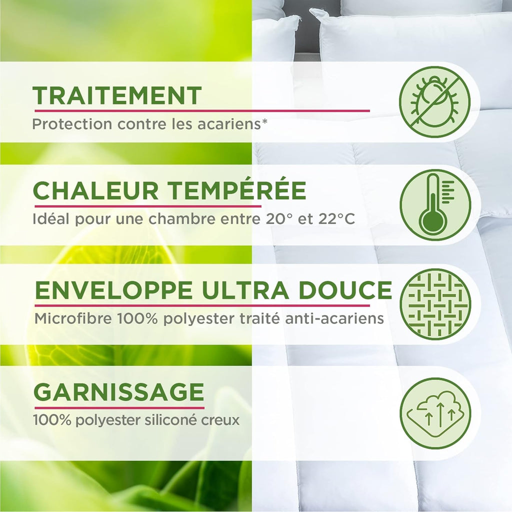 Cuvertură Serenité - Tratament împotriva acarienilor - Temperat 300 G/M² - 240 X 220 Cm - Pentru pat dublu - Lavabil la mașină, alb Plapumi si pilote Naty Shop