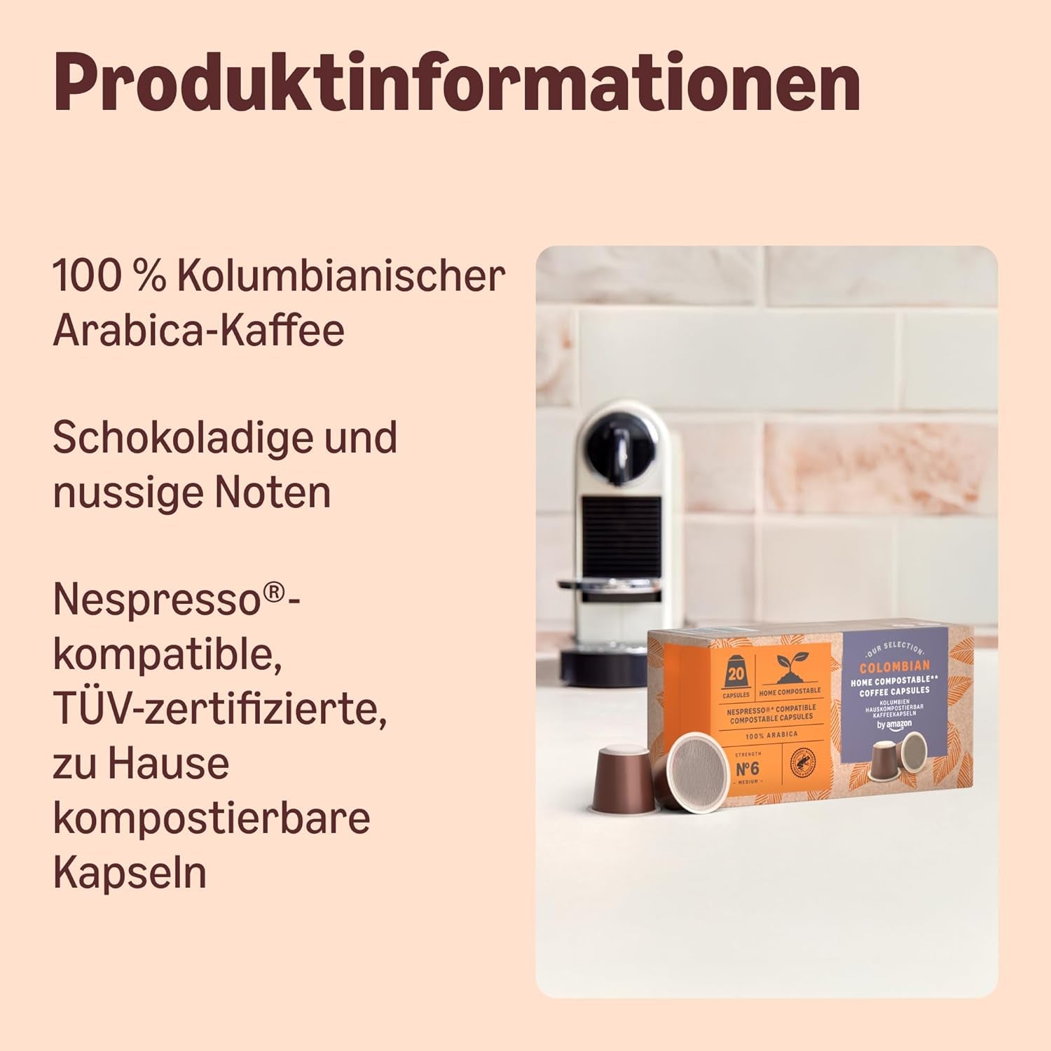 Par Amazon Capsules de café Heimkompostierbare, compatibles avec Nespresso, 100 % Arabica colombien, 20 pièces – Certifié Rainforest Alliance