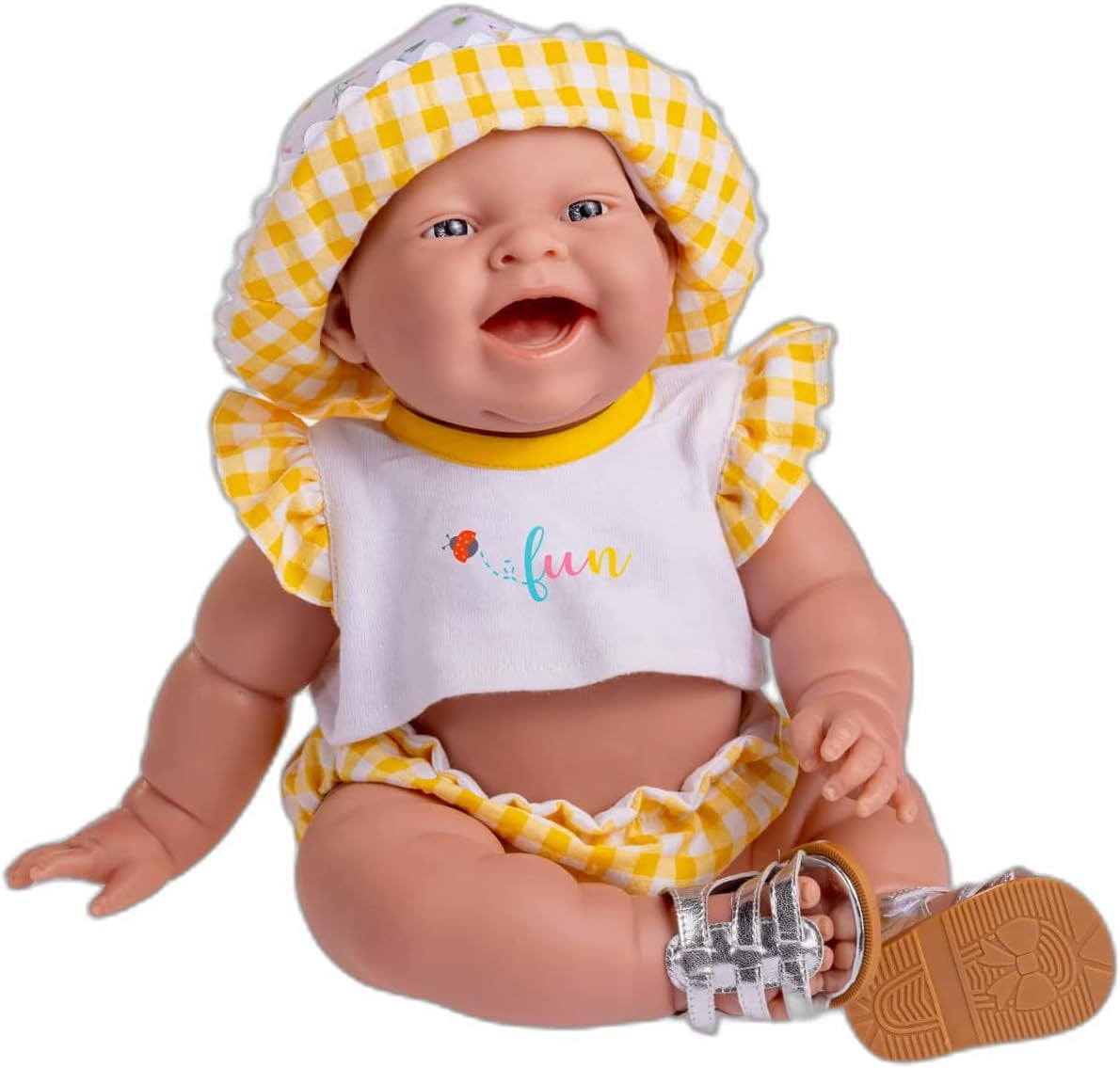 JC Toys - Poupée Lola Lemon Twist, 36 cm, vinyle souple, visage souriant, poupée assise, vêtements avec Vichy et sandales, filles, 2 ans