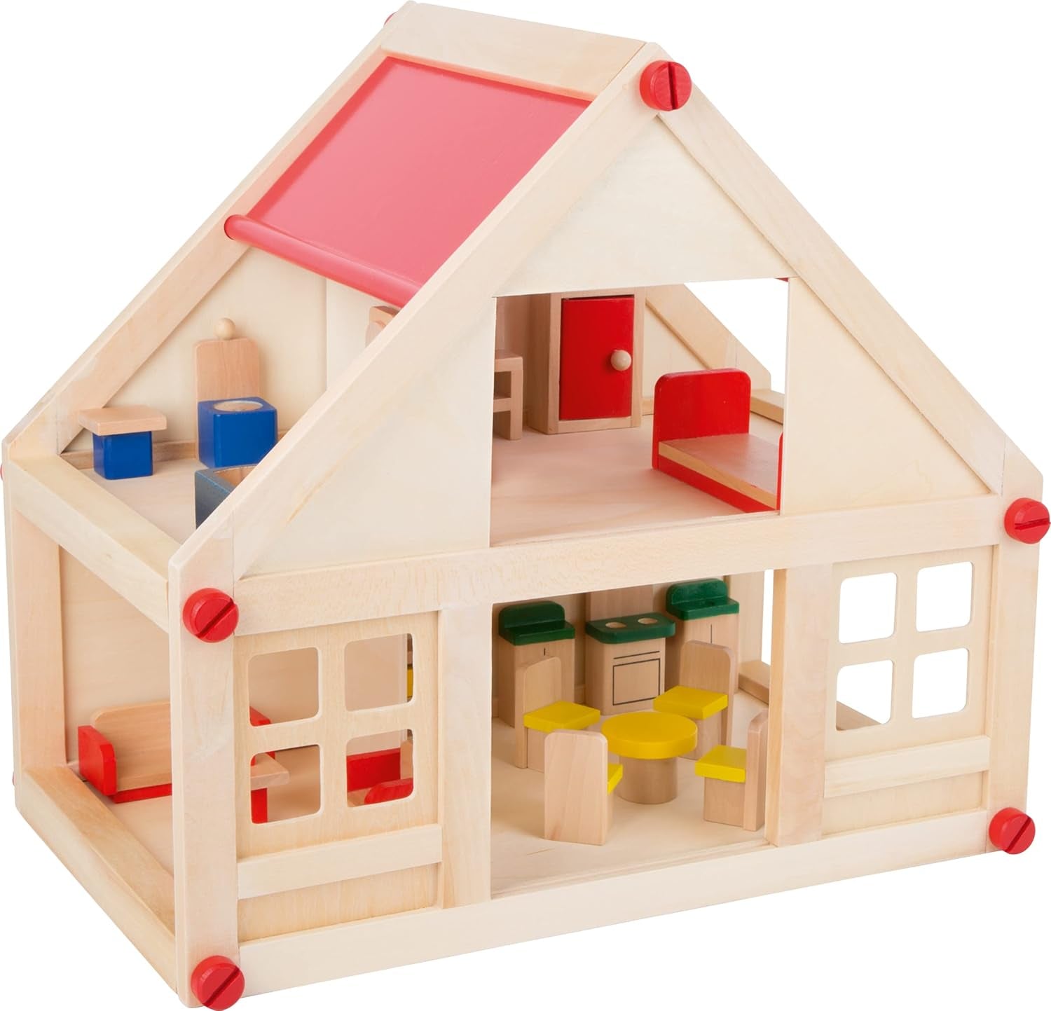 Maison de poupée en bois de couleur naturelle Small Foot - 3 étages avec toit-terrasse et ensemble de meubles de 51 pièces encourage le jeu créatif, convient aux enfants de 3 ans et plus 12541 Maisons de poupées Naty Shop Dollhouse