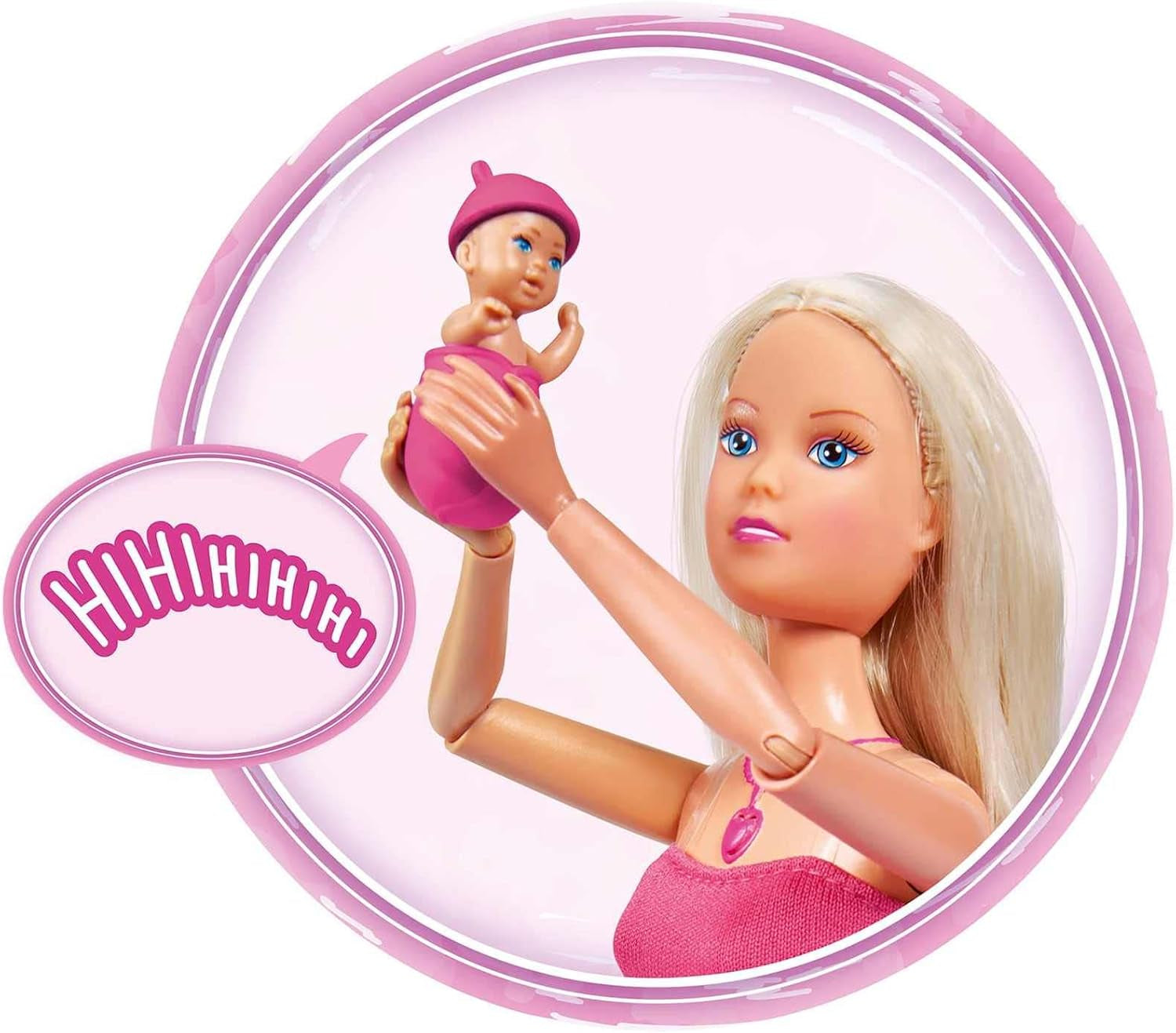 Simba 105733480 - Steffi Love Babyglück, Schwangere Puppe mit Baby und tollen Sounds, Babyzubehör und Babyschale