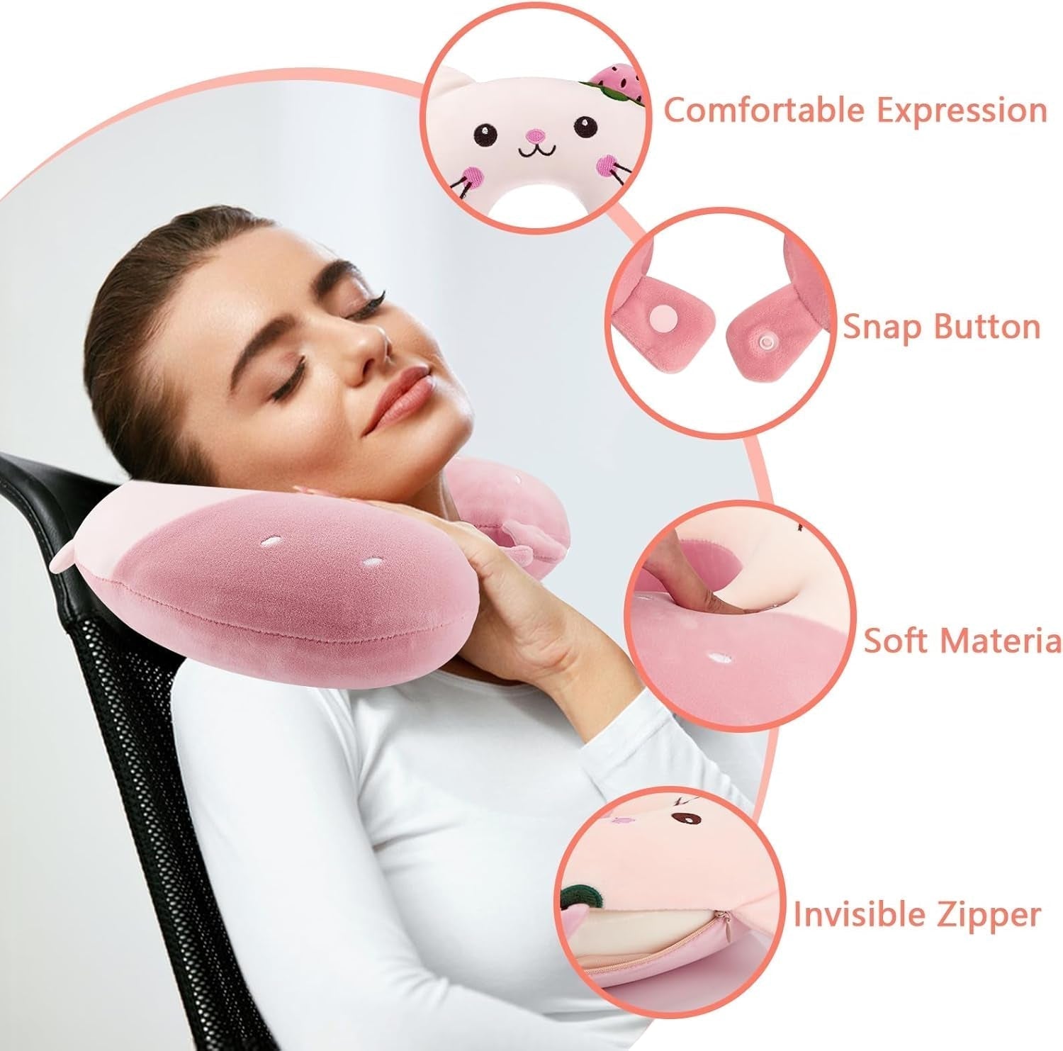 Litimkat Oreiller cervical pour enfants, oreiller de voyage portable, oreiller en mousse à mémoire de forme en forme de U, voyage, avion, voiture, train, bureau, maison, motif animal mignon, housse de coussin détachable (rose) Oreillers orthopédiques cervicaux Naty Shop