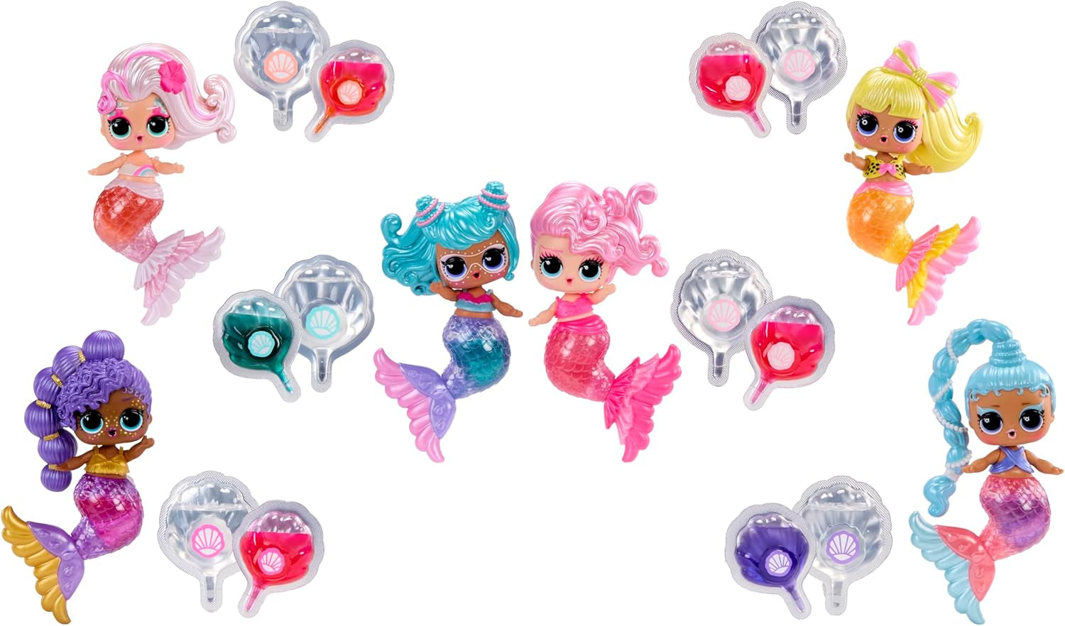 Mdr Surprise ! Mermaids Makeover Magic Tots - Véritable brillant à lèvres pour vous et votre poupée à fabriquer vous-même, mélanger et créer du maquillage, jeu d'eau amusant, 6 poupées à collectionner - 4 ans et plus