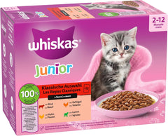 Hrană umedă pentru pisici Whiskas Junior Classic Selection în sos, 48 de pliculețe, 12 x 85 g (pachet de 4) – Hrană umedă de înaltă calitate pentru pisici în creștere, de la 2 la 12 luni