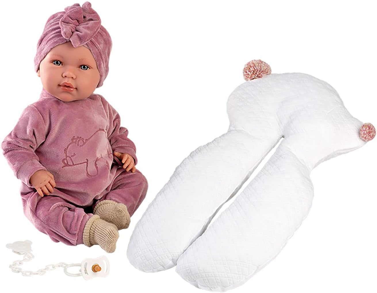Llorens 1017418 Puppe Lala, aux yeux bleus et au corps doux, Babypuppe inkl. Tenue, sucette, Schnullerkette et Stützkissen, 42 cm