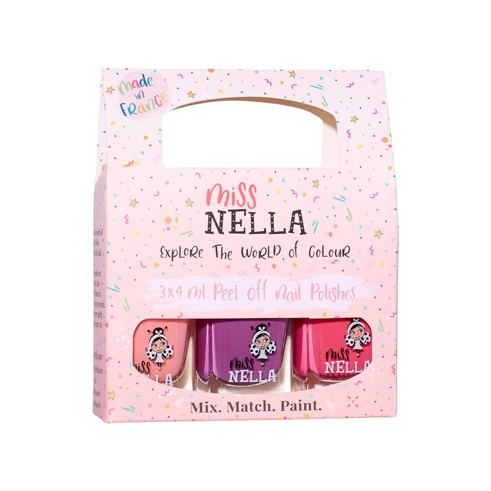 Set de ojă cu sclipici Miss Nella Magic Collection, 4 piese: roz, roșu, auriu și albastru, ojă detașabilă specială pentru copii, non-toxică, pe bază de apă și inodoră