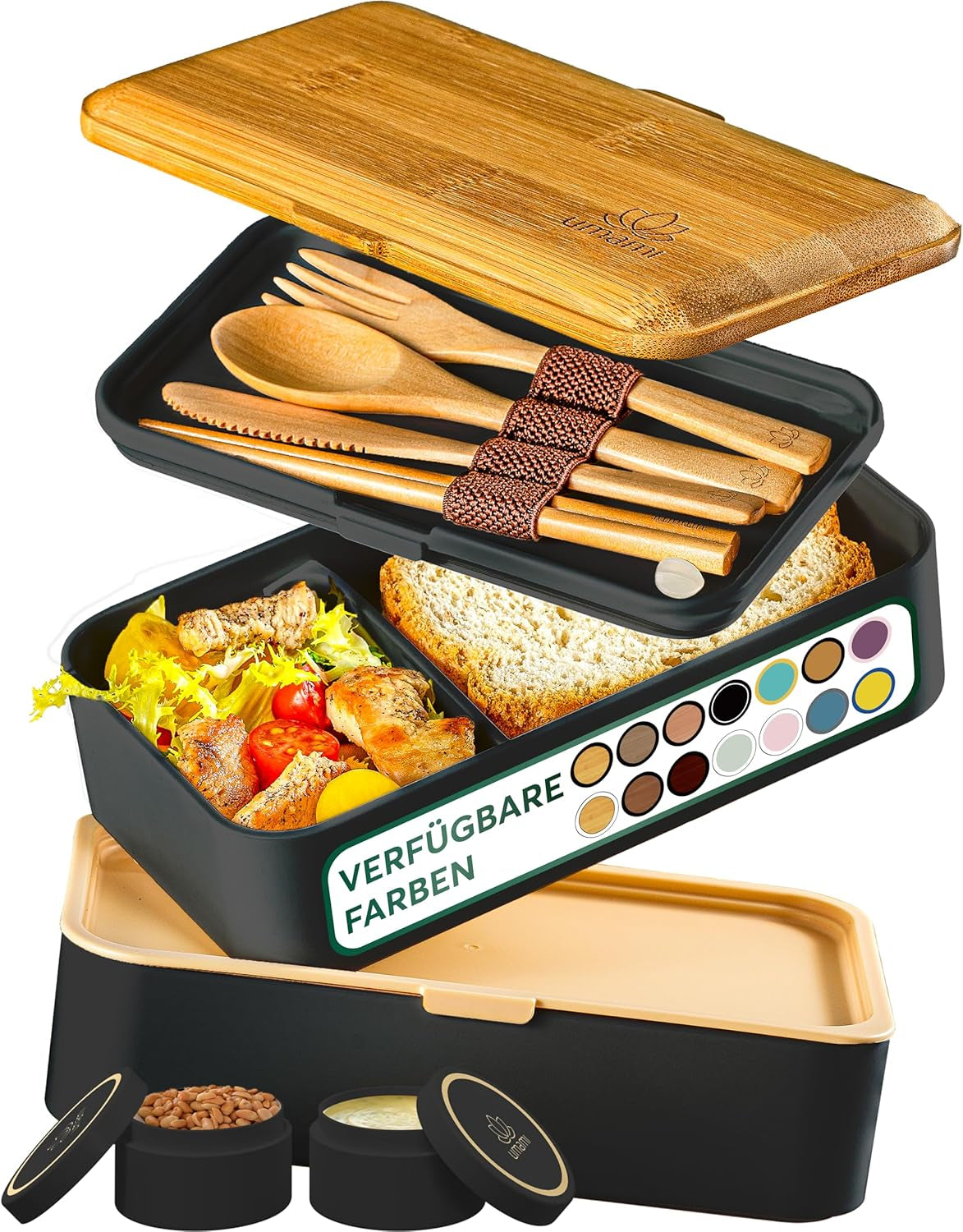 Umami Boîte à Lunch pour Adultes, Boîte à Bento Empilable avec 4 Couverts et Compartiments, Boîte à Lunch Adulte, Récipient à Salade à Emporter, Boîte à Lunch Pique-Nique/Bureau, Gris Charbon, 1500 ML Naty Shop Boîtes de Conservation des Aliments Black Tan L - 1200 Ml