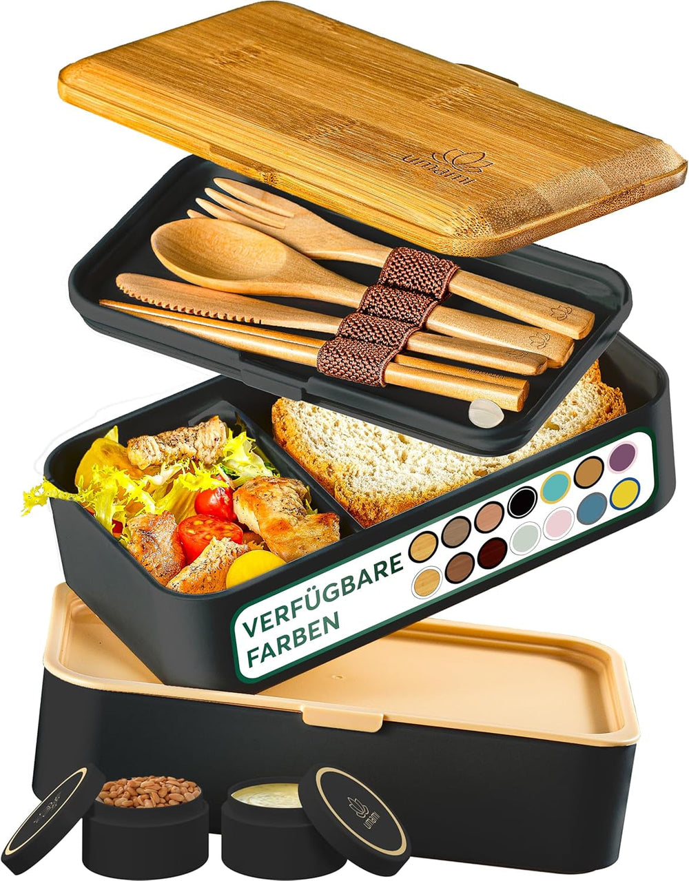 Umami Boîte à Lunch pour Adultes, Boîte à Bento Empilable avec 4 Couverts et Compartiments, Boîte à Lunch Adulte, Récipient à Salade à Emporter, Boîte à Lunch Pique-Nique/Bureau, Gris Charbon, 1500 ML Naty Shop Boîtes de Conservation des Aliments Black Tan L - 1200 Ml