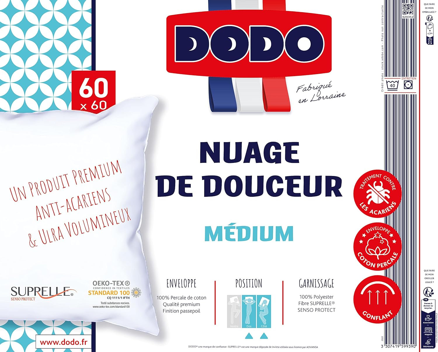 Oreiller DODO Premium, 60 X 60 cm, Confort Moyen, Oreiller Cloud De Douceur | Anti-acariens et moelleux | Percale de coton + Passepoil Lavable en machine à 40 °C Oreillers standards Naty Shop