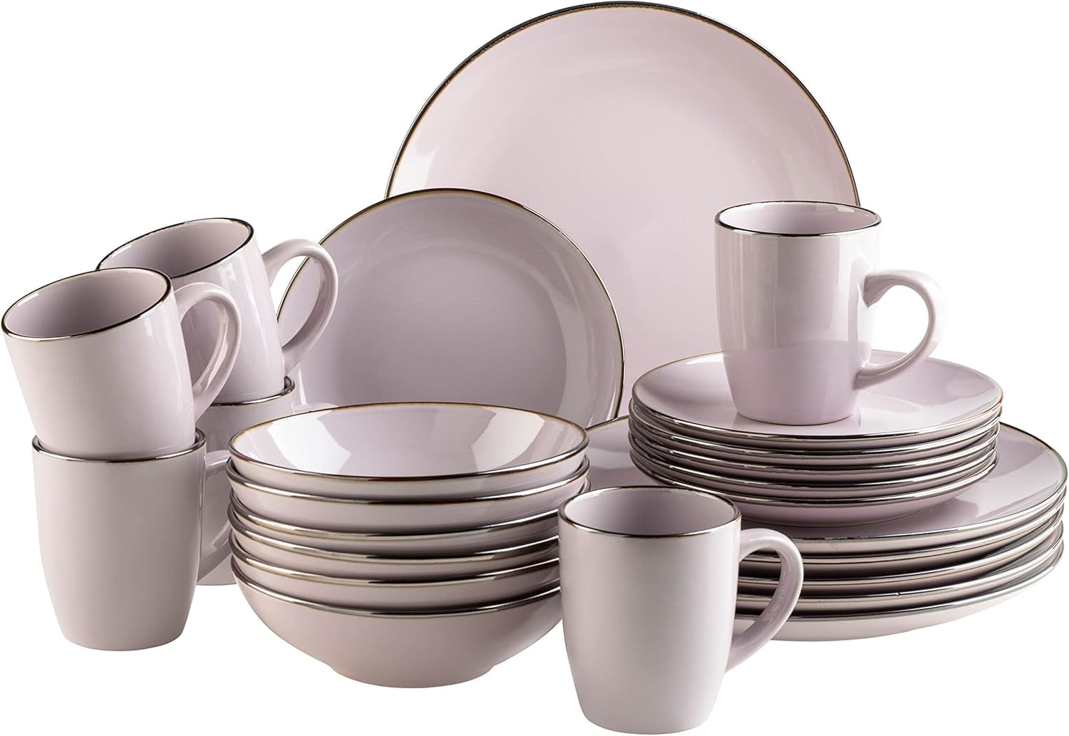 Service de table moderne pour 6 personnes avec bord en laiton, service combiné de 24 pièces en forme de tasse sans bord, lavande