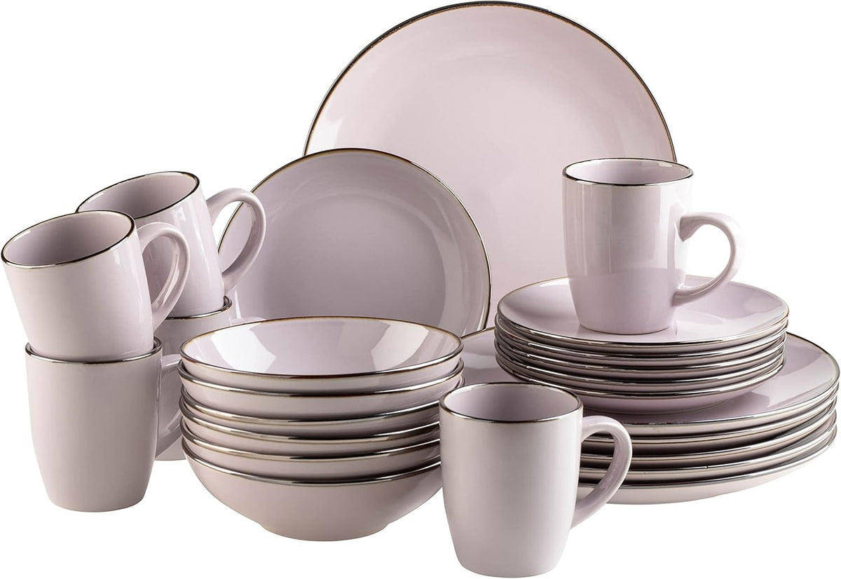 Service de table moderne pour 6 personnes avec bord en laiton, service combiné de 24 pièces en forme de tasse sans bord, lavande