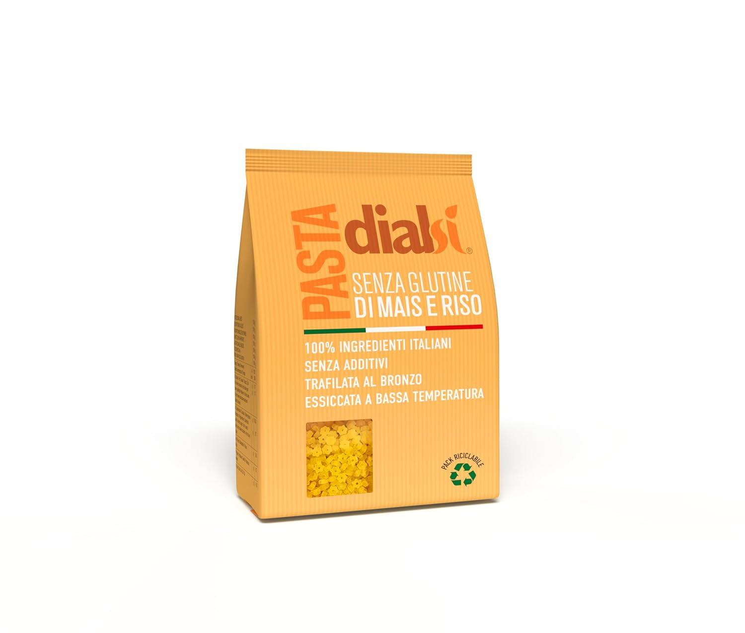 Pâtes en forme d'étoile Dialsi, pâtes de maïs et de riz sans gluten, cuites au bronze, ingrédients 100 % italiens, sans additifs, cuisent en 8 à 9 minutes, paquet de 300 g