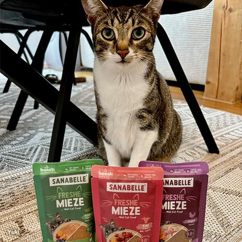 Sanabelle Freshe Mieze - Mixtray | 10 x 100 g de mélange | 4 délicieuses variétés de nourriture pour chats à essayer | Nourriture humide pour chats cuite à la vapeur, comme fraîchement cuite