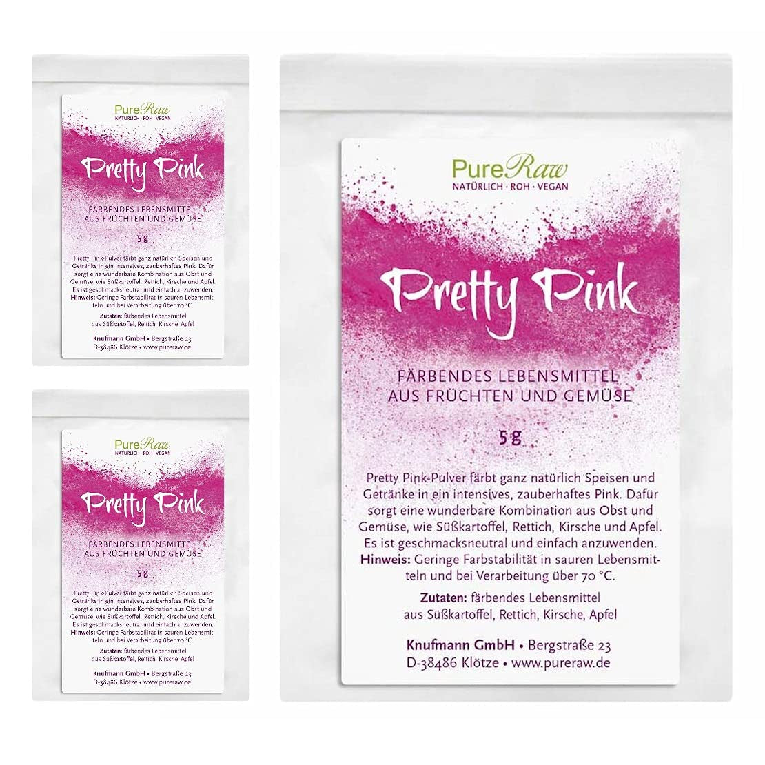 Pretty Pink Natürliche Lebensmittelfarbe Pulver Rosa (Roh Vegan) Pastell Rose Bis Intensiv Rosa-Rot - Essbare Farbe Für Lebensmittel Aus Früchten Und Gemüse - Natural Food Coloring | Pureraw 5G Naty Shop 5 G (3Er Pack) Pink