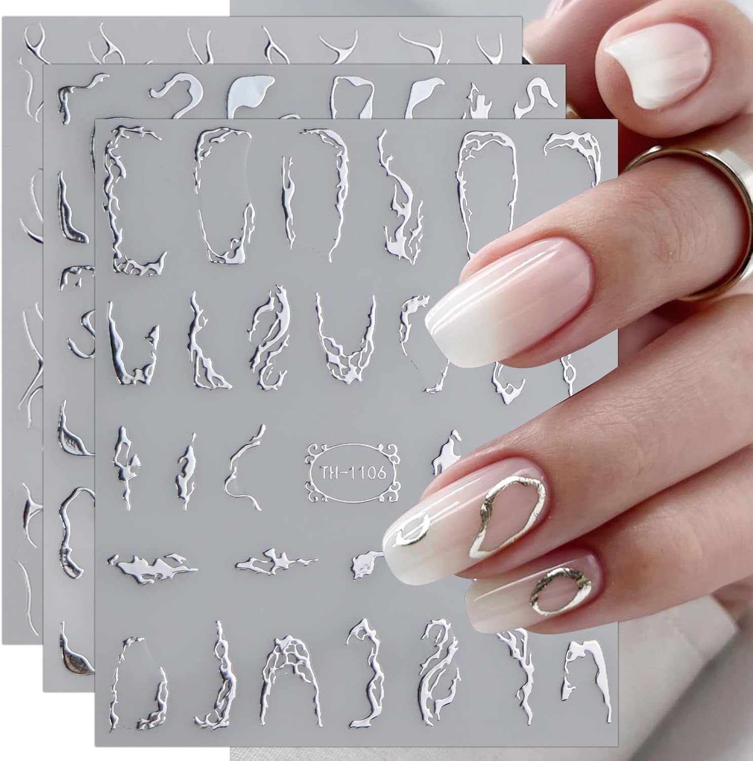 JMEOWIO Nagelsticker Marmor Linie 9 Blatt Nail Art Sticker Selbstklebend Nagelaufkleber Silber Bunt Dekoration Nageldesign Zubehör