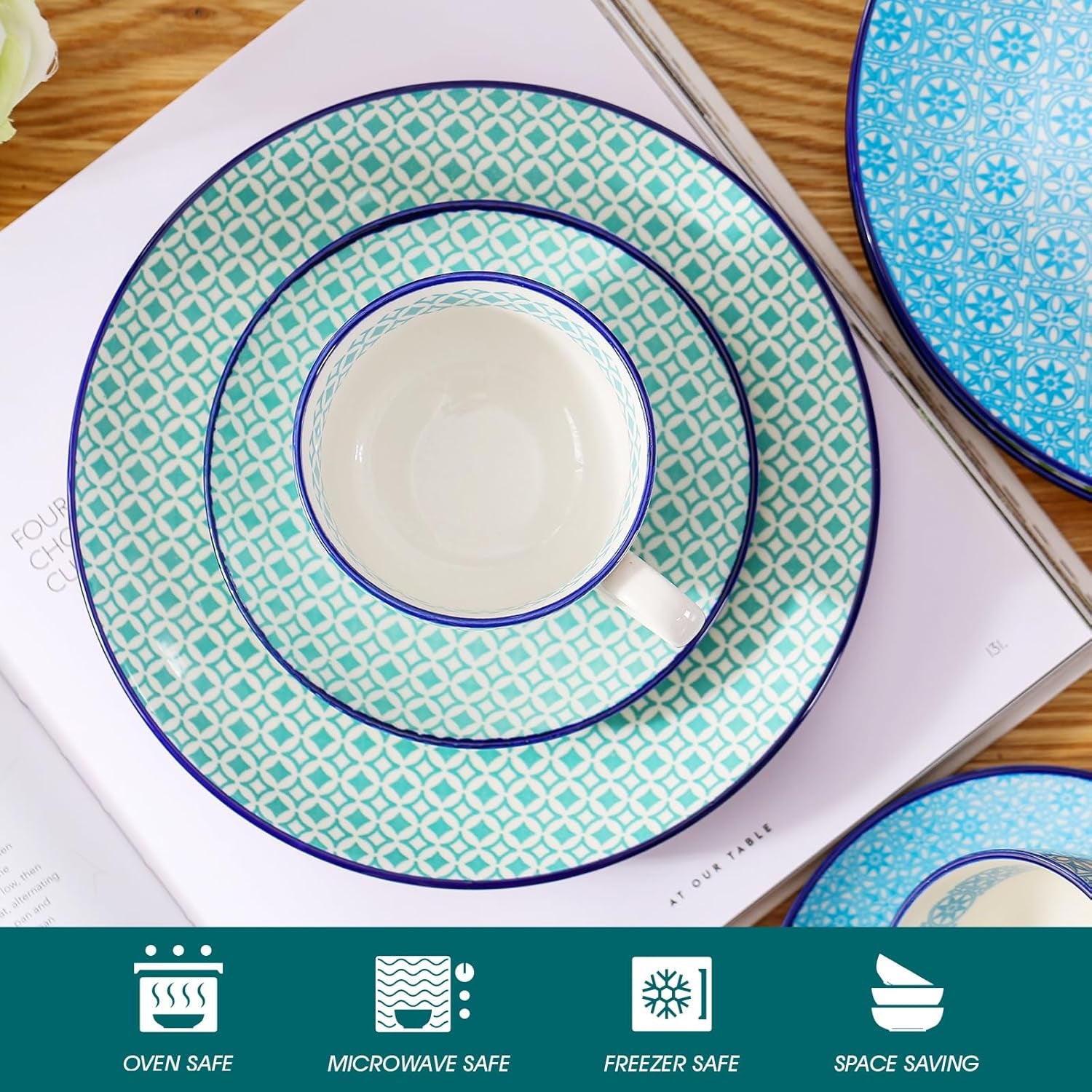 Vancasso Macaron Service à café en porcelaine, service à café coloré 12 pièces pour 4 à 12 personnes, ensemble de tasses, comprend des tasses à café, des soucoupes et des assiettes à dessert