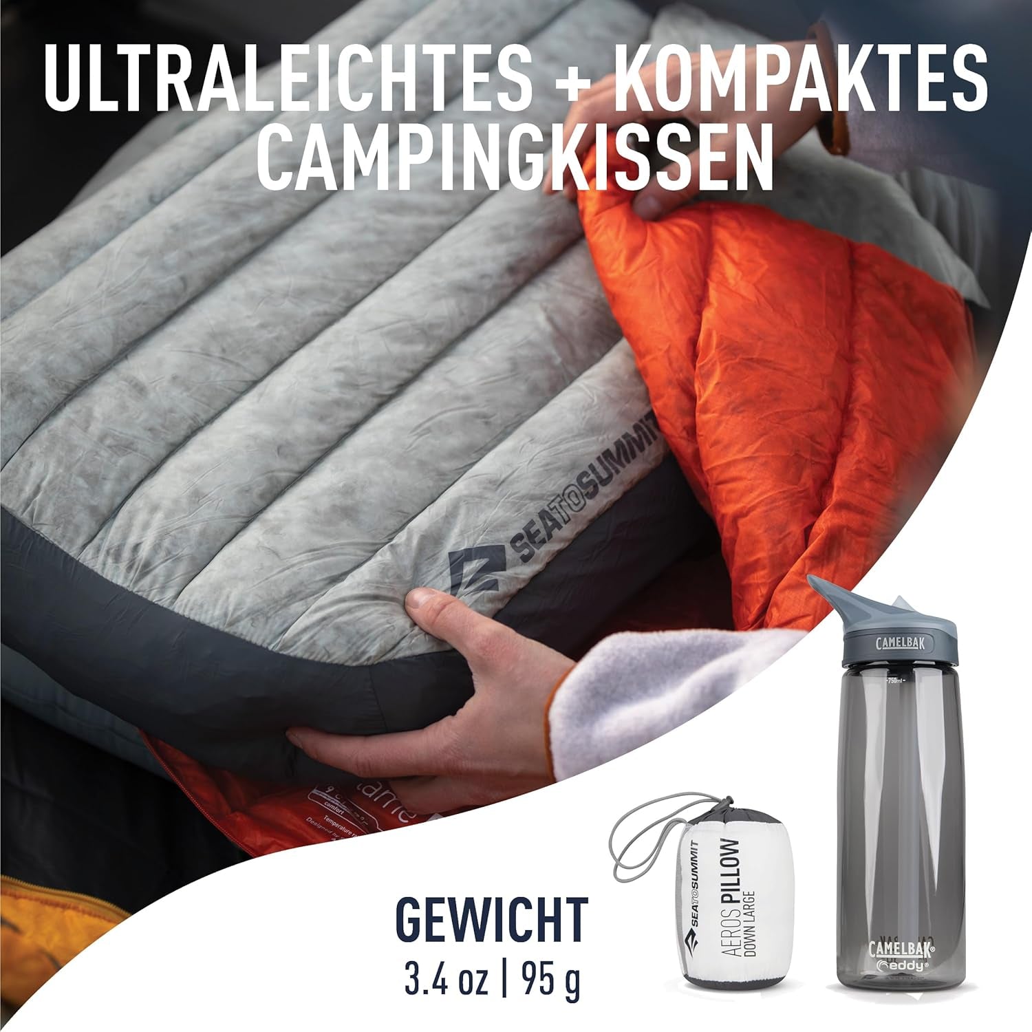 Sea to Summit - Oreiller de voyage Eros Down L - Ultraléger et gonflable - Matériau 10D - Oreiller en duvet de qualité supérieure - Antidérapant - Pour la randonnée et le camping - 42 X 28 X 12 cm - Gris - 95 G Naty Shop Oreillers de voyage