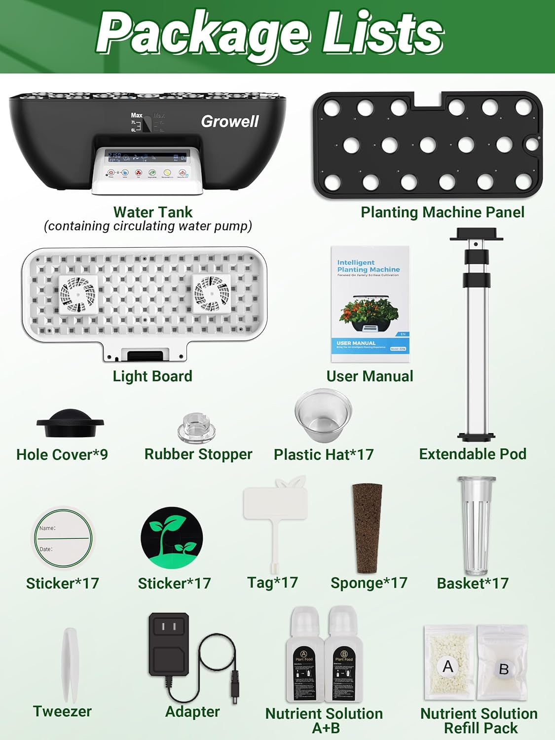 Kit hydroponique de 17 capsules pour jardin d'herbes aromatiques avec 102 lampes de culture à spectre complet de 28 W et 2 ventilateurs pour jardin intérieur avec réservoir de pompe à eau