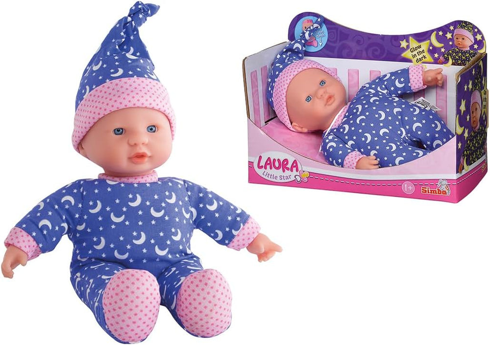 Simba 105010010 - Poupée au corps doux Laura Little Star dans une jolie robe et un chapeau lumineux avec lune et étoiles 20 cm Poupée lumineuse à partir de 12 mois