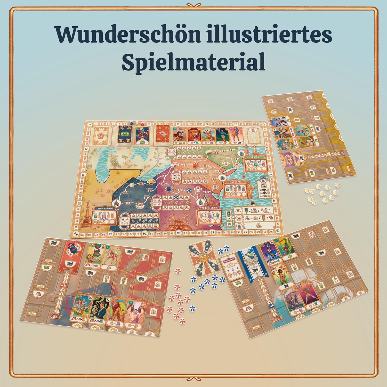 KOSMOS 684648 Jeu de société de cirque à 3 anneaux pour adultes, 12 ans et plus, jeu de stratégie, jeu de fête pour 1 à 4 joueurs, cirque itinérant des États-Unis, fin du 19e siècle