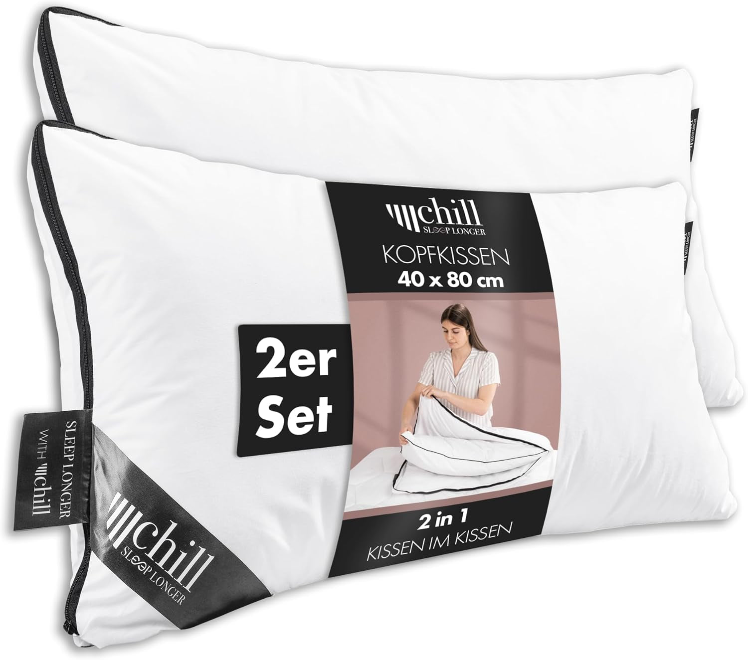 Oreiller 80X80 Cm - Design 2 en 1 - oreiller dans oreiller - grand oreiller de couchage respirant et lavable et 100% vegan - 2 oreillers 3 options - oreiller avec garnissage 600G & 1200G Oreillers standards Naty Shop Oreiller Premium Lot de 2 - 40 X 80 Cm