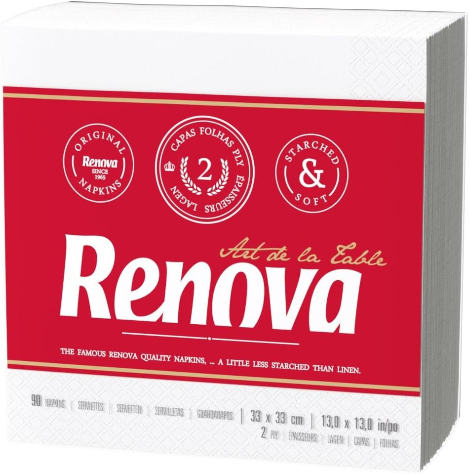 Serviettes en papier Renova, style cocktail de table blanc - 90 serviettes (paquet de 2)