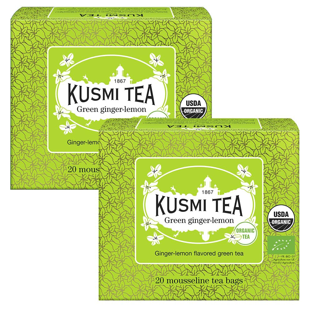 Kusmi Tea - Pachet de 2 - Ceai verde cu iasomie - Amestec de ceai verde organic cu iasomie - Ceai verde 100% organic - Se poate consuma fierbinte sau rece - 2X20 pliculețe de ceai