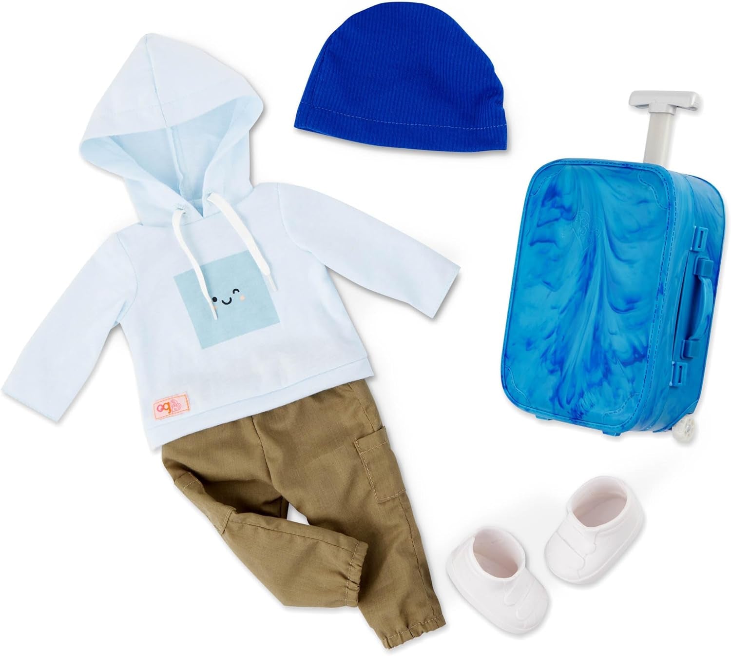 Our Generation - Milo - Poupée garçon de 46 cm - Yeux marron réalistes et cheveux bruns bouclés - Bagages à roulettes et accessoires de voyage - Jeu de simulation - Jouet pour 3 ans et plus