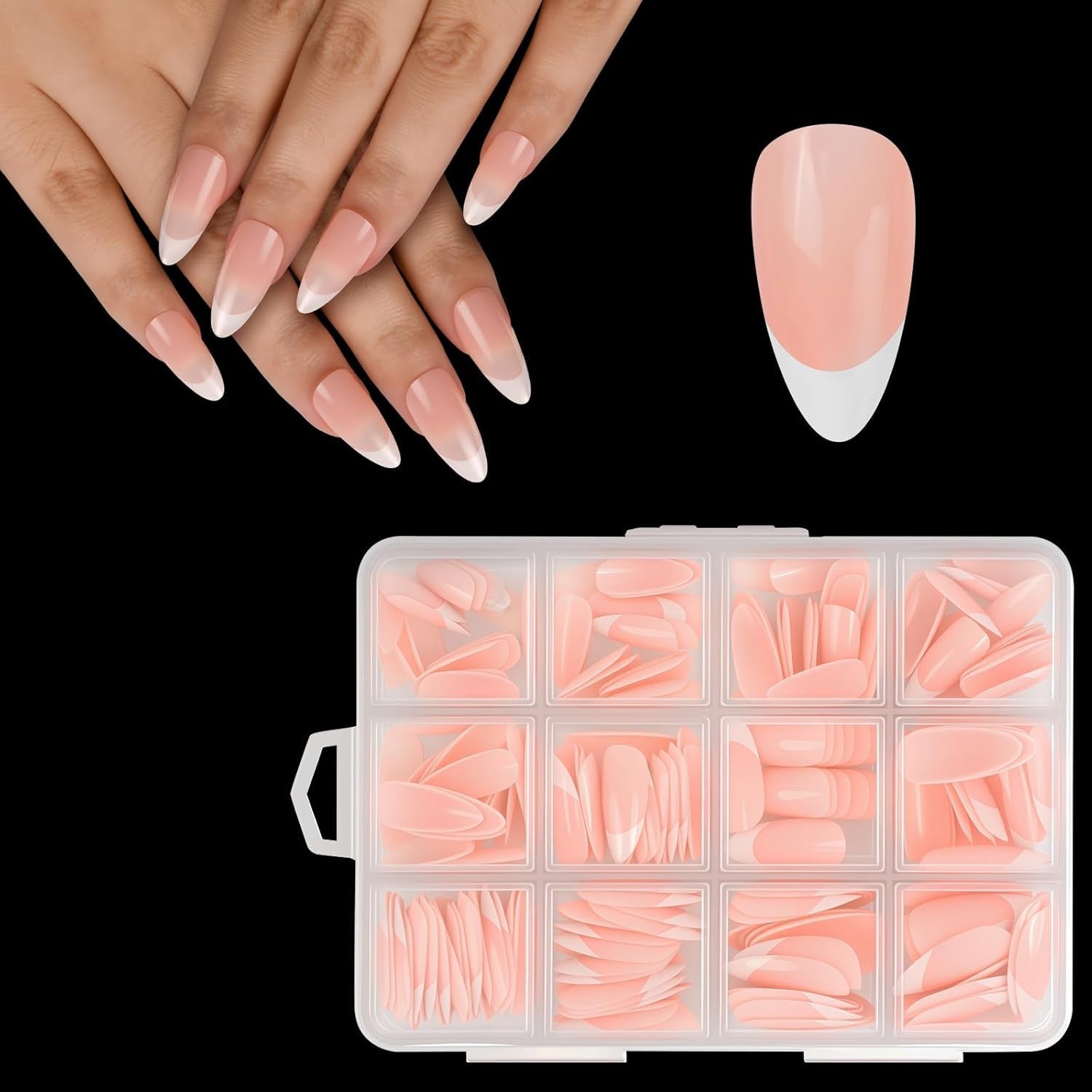 Lot de 240 faux ongles à pression française, 12 tailles, faux ongles avec colle pour femmes et hommes (blanc nu amande moyenne)
