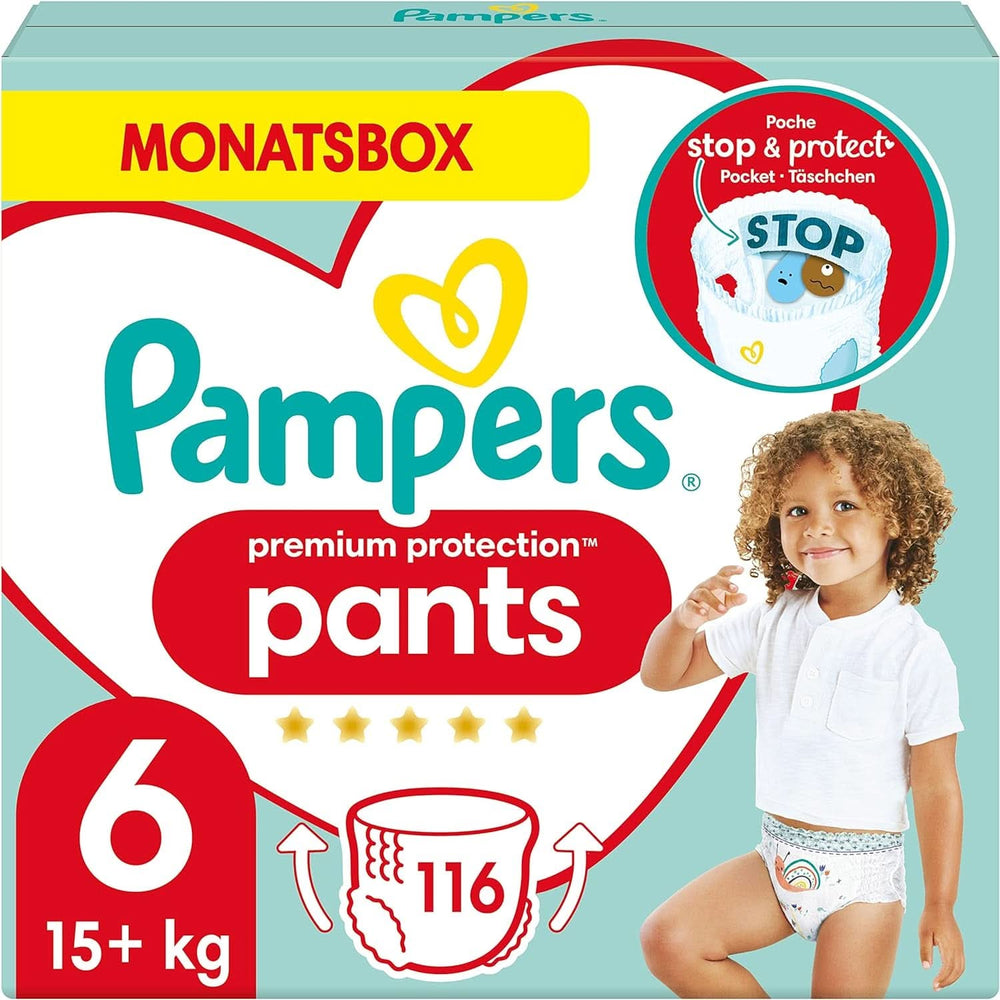 Pampers Couches bébé Pantalon taille 5 (12-17Kg) Premium Protection, Junior avec poche Stop and Protect, 144 couches Panty Mère et Enfant Naty Shop 6 (116 pcs) Classique