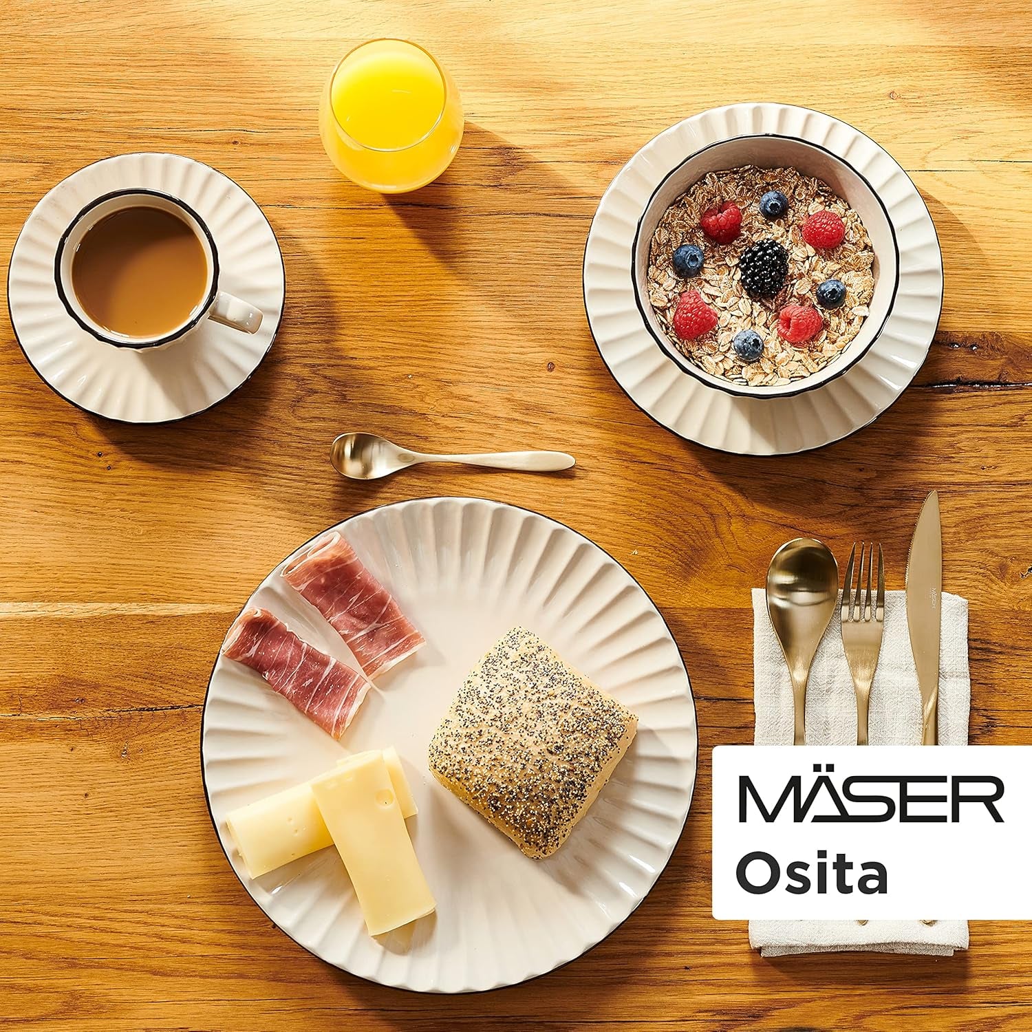 MÄSER 931967 Osita Retro Series Service de table Wave pour 6 personnes, service de table rond 18 pièces, assiettes plates, assiettes à dessert et bols à céréales, céramique, blanc crème