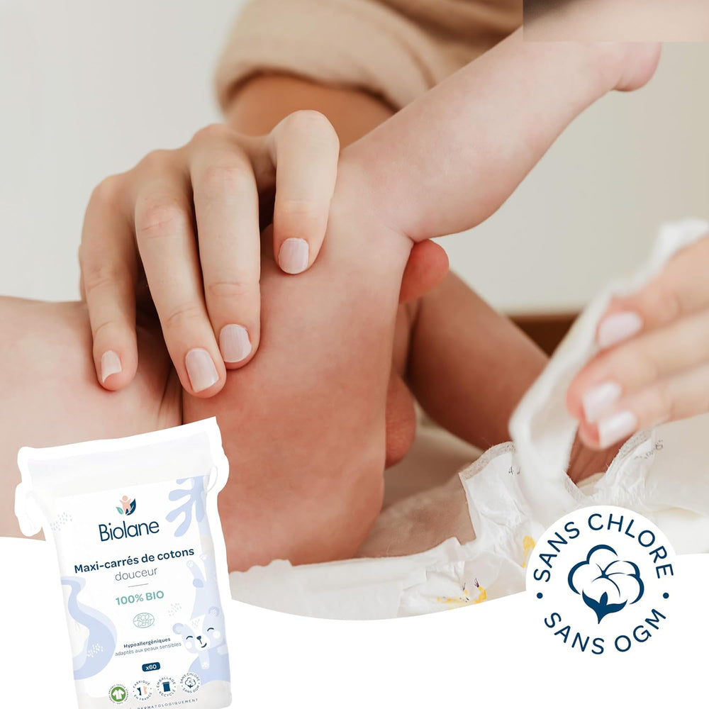 BIOLANE 12 Serviettes Humides Maxi Carrés - Bébés - 100% Bio - 720 Coton - pour peaux sensibles - Change et Toilette - dès la naissance - fabriquées en France