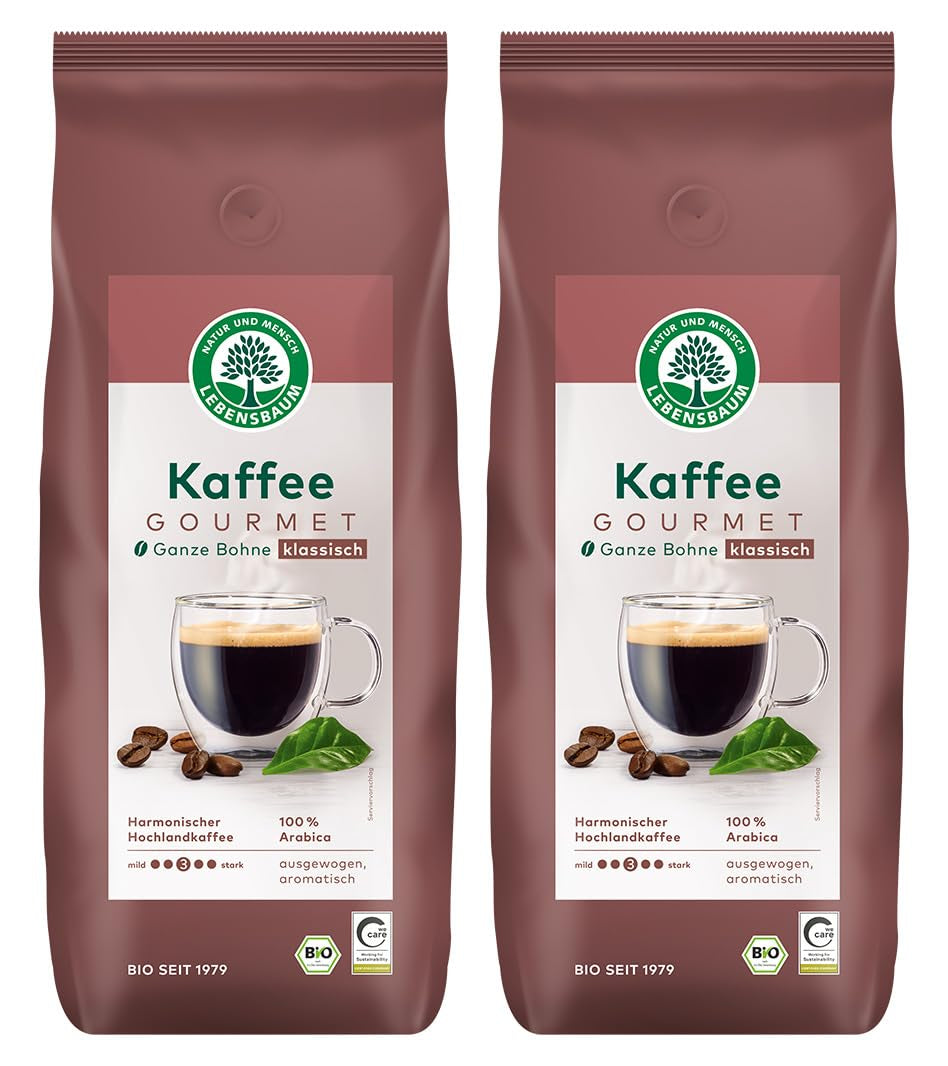 LEBENSBAUM 2x Kaffee Gourmet Klassisch, ganze Bohne, Bio Kaffee aus Arabica-Bohnen, Intensität 3/5, ausgefunger, aromatischer Genuss, 2 x 1 kg...